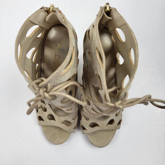 Aldo Tan Suede Laser-Cut Peep Toe Heels, Size 6.5 - Picture 11 of 16